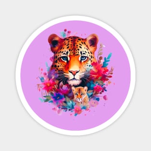 Endangered Amur Leopard and Cub with Floral Aesthetic Magnet